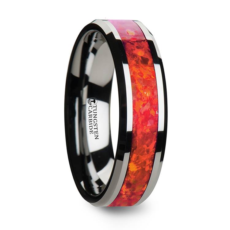 Red Opal Inlay And Tungsten Ring (6 Mm)