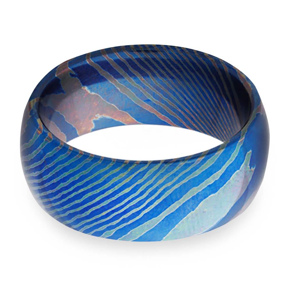 Mens Blue Titanium Mokume Wedding Ring - Modern Design