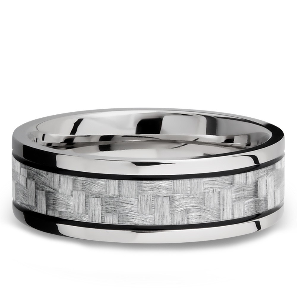 Silver Carbon Fiber Inlay Men's Wedding Ring in 14K White Gold (7.5mm)