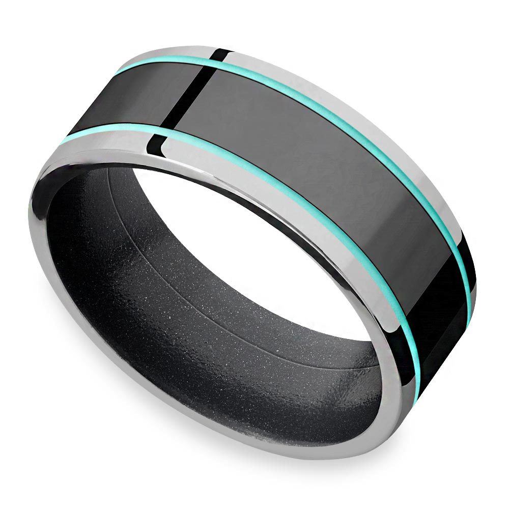 Sleek Lustor - Titanium Black with Turquoise Accents Mens Band (8mm)