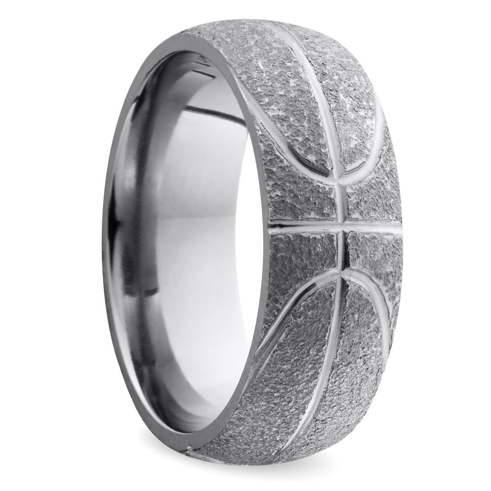 Mens Basketball Wedding Band In Titanium With Stipple Finish