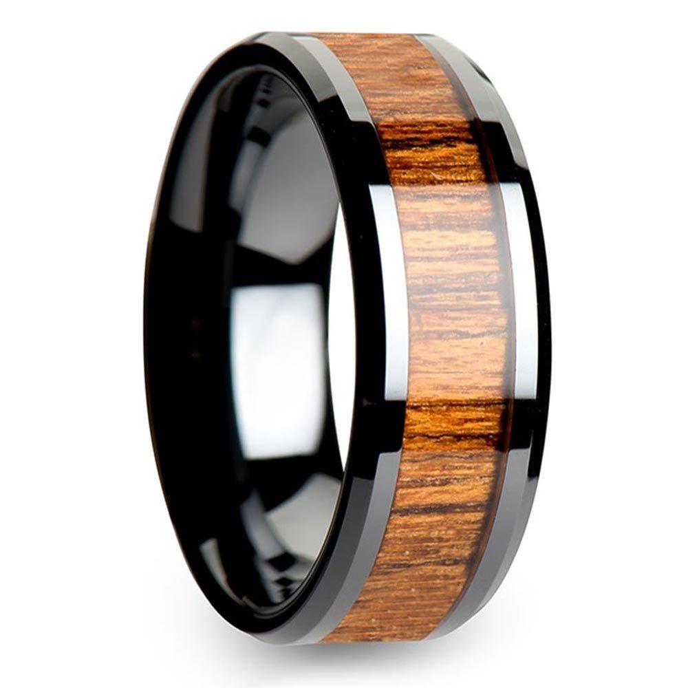 Mens Teak Wood Wedding Ring In Black Ceramic