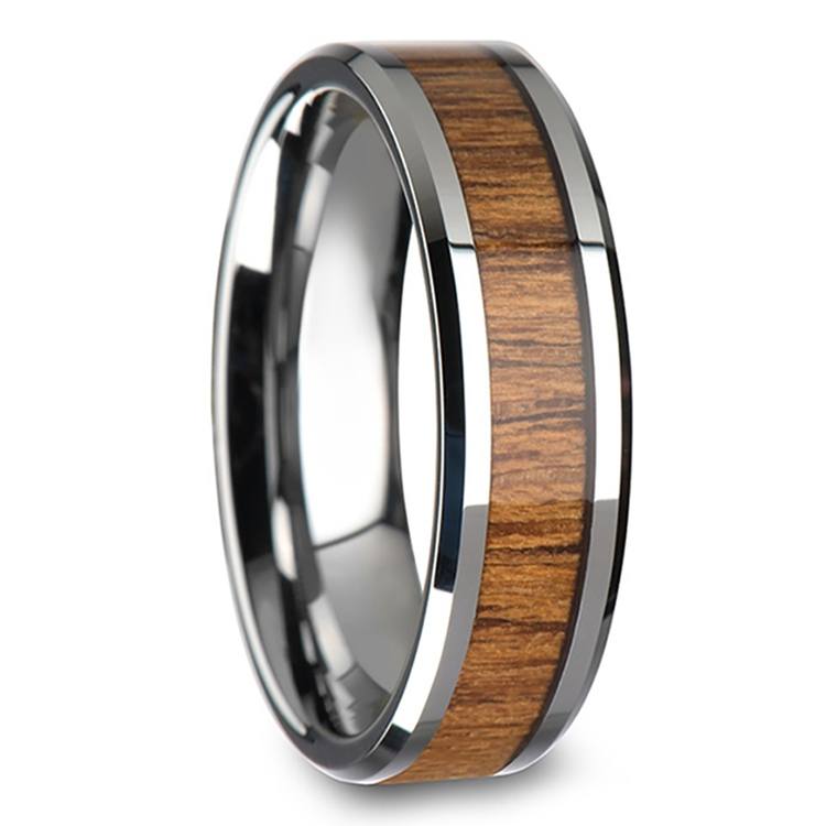 Teak Wood Inlay Men's Beveled Ring in Tungsten (6mm)