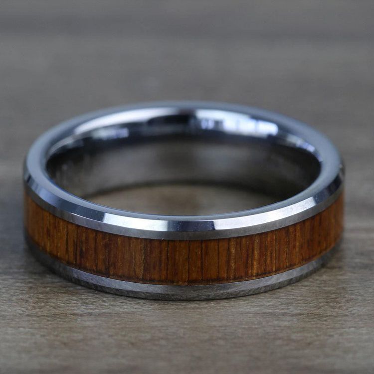 Teak Wood Inlay Men's Beveled Ring in Tungsten (6mm)