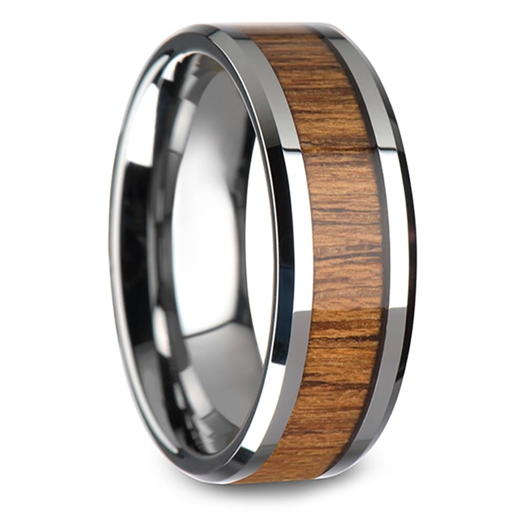 Mens Wide Tungsten Teak Wood Inlay Wedding Ring (8mm)