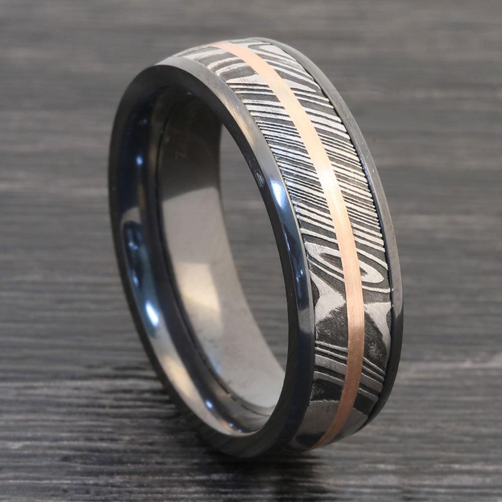 Damascus Steel And Rose Gold Wedding Band In Zirconium