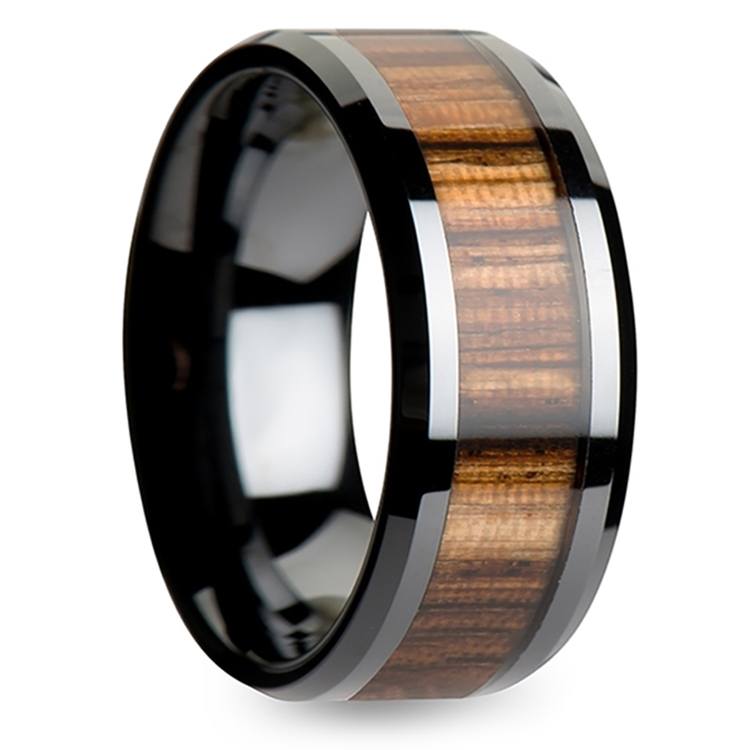 Mens Wide Wedding Ring In Black Ceramic And Zebrawood