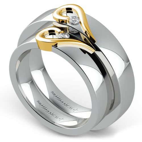 Matching Curled Heart Diamond Wedding Ring Set in White and Yellow Gold