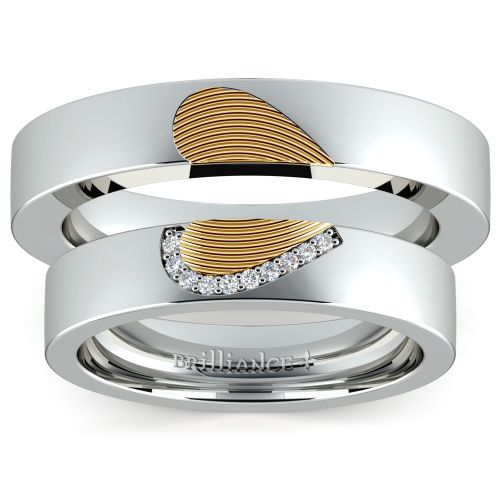 Matching Heart Fingerprint  Inlay Wedding  Ring  Set in White  