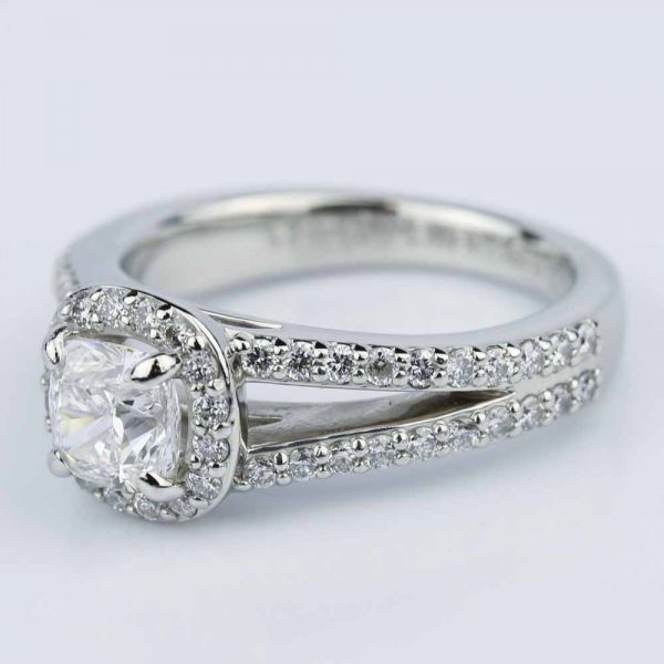 Split Shank Halo Cushion Diamond Engagement Ring in Platinum (1.01 ct.)